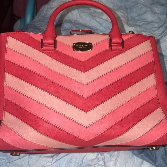Michael Kors Handbags - Michael Kors Chevron Satchel in Red and Pink